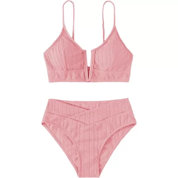 WDIRARA Women's Notched V Neck Bikini Swimsuit 2 Piece Textured Swimsuit Bathing Suits