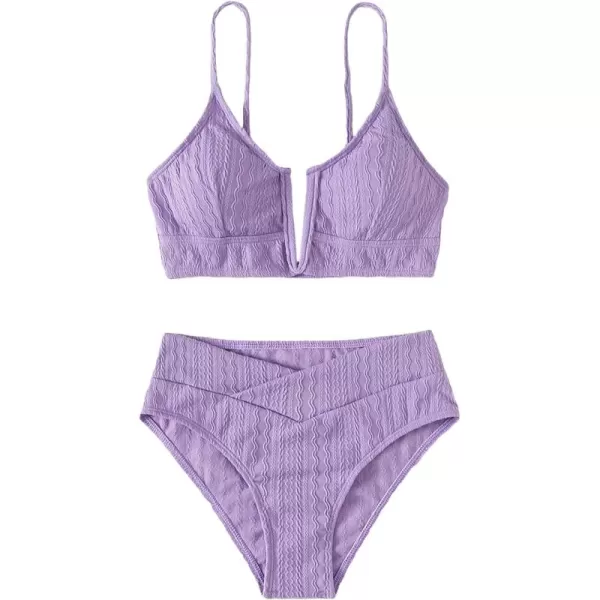WDIRARA Women's Notched V Neck Bikini Swimsuit 2 Piece Textured Swimsuit Bathing Suits