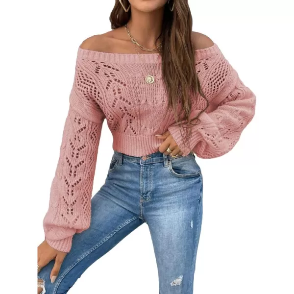 WDIRARA Women's Off Shoulder Long Sleeve Hollow Out Sheer Knit Soft Crop Top Sweater