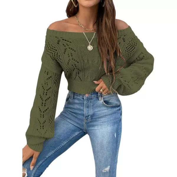 WDIRARA Women's Off Shoulder Long Sleeve Hollow Out Sheer Knit Soft Crop Top Sweater