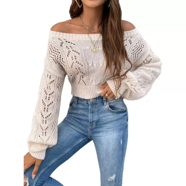WDIRARA Women's Off Shoulder Long Sleeve Hollow Out Sheer Knit Soft Crop Top Sweater