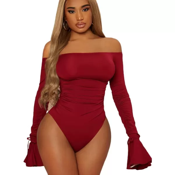 WDIRARA Women's Off the Shoulder Flounce Long Sleeve Ruched Skinny Bodysuit