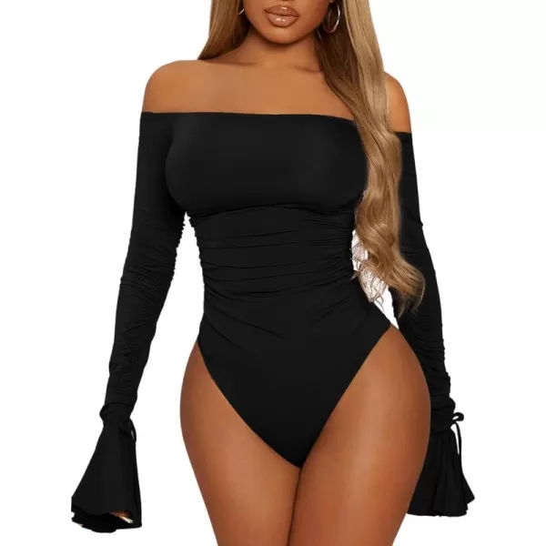 WDIRARA Women's Off the Shoulder Flounce Long Sleeve Ruched Skinny Bodysuit