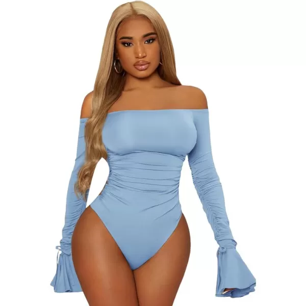 WDIRARA Women's Off the Shoulder Flounce Long Sleeve Ruched Skinny Bodysuit