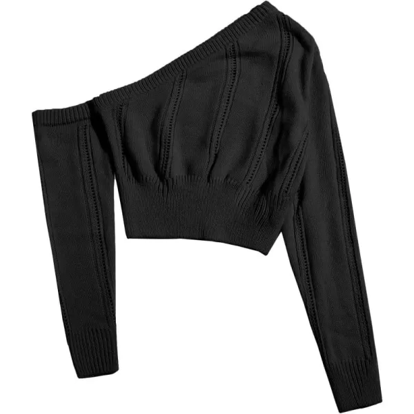 WDIRARA Women's One Shoulder Asymmetrical Neck Long Sleeve Crop Sweater Tops