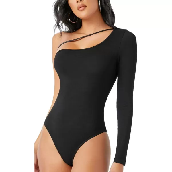 WDIRARA Women's One Shoulder Cutout Long Sleeve Elegant Skinny Bodysuit