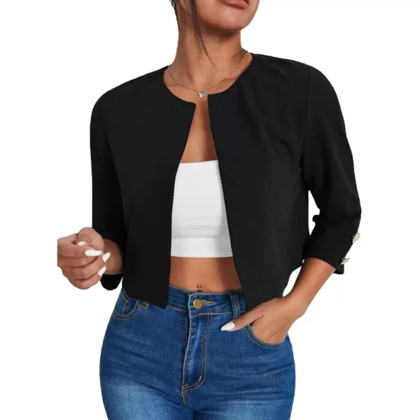 WDIRARA Women's Open Front 3/4 Sleeve Button Cuff Crop Blazer Casual Jackets