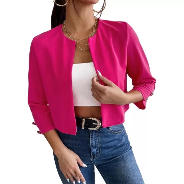 WDIRARA Women's Open Front 3/4 Sleeve Button Cuff Crop Blazer Casual Jackets