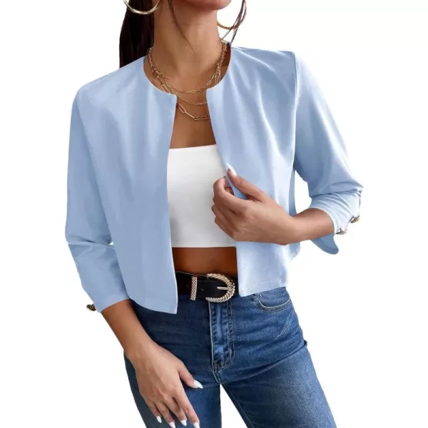 WDIRARA Women's Open Front 3/4 Sleeve Button Cuff Crop Blazer Casual Jackets