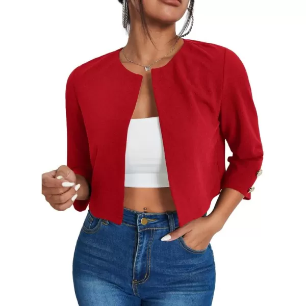 WDIRARA Women's Open Front 3/4 Sleeve Button Cuff Crop Blazer Casual Jackets