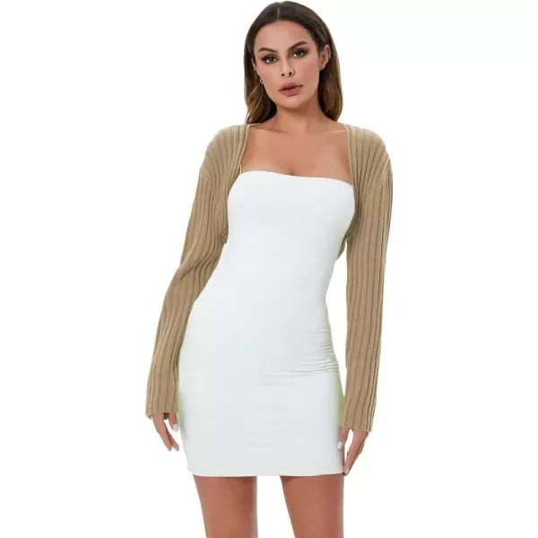 WDIRARA Women's Open Front Drop Shoulder Rib-Knit Long Sleeve Cropped Cardigan Shrug