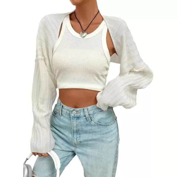 WDIRARA Women's Open Front Drop Shoulder Rib-Knit Long Sleeve Cropped Cardigan Shrug
