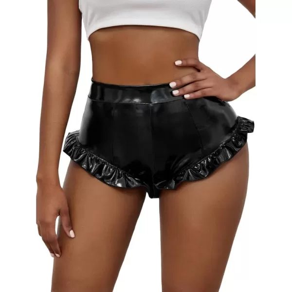 WDIRARA Women's PU Leather High Waisted Booty Shorts Ruffle Hem Skinny Shorts
