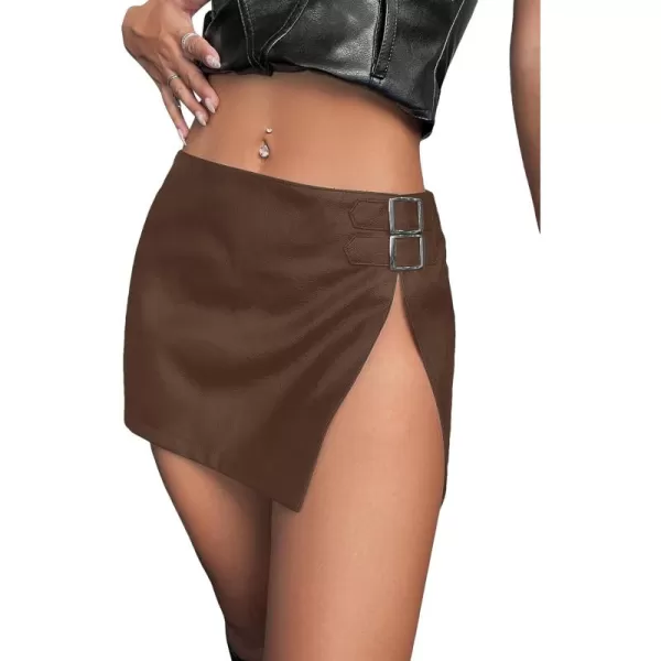 WDIRARA Women's PU Leather High Waisted Slit Zip Fly Sexy Party Club Mini Skirt