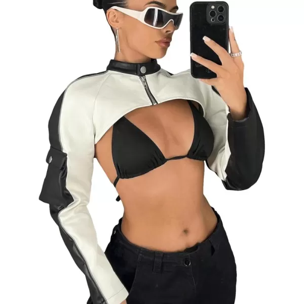 WDIRARA Women's PU Leather Letter Graphic Crop Jacket Zip Up Collared Long Sleeve Casual Jacket Crop Outerwear