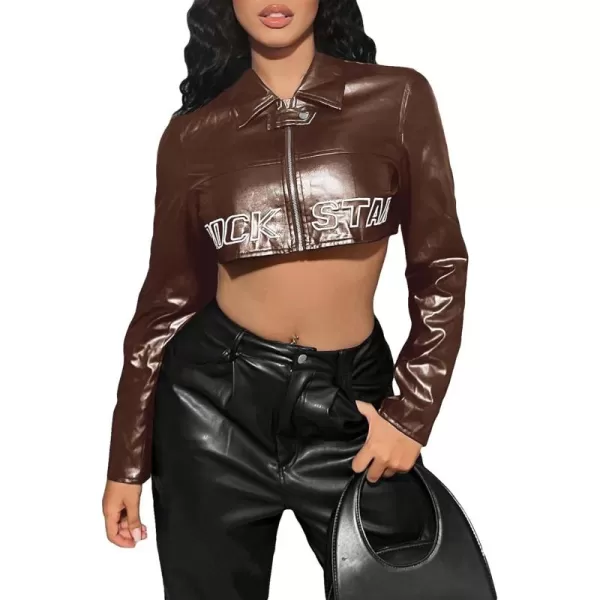WDIRARA Women's PU Leather Letter Graphic Crop Jacket Zip Up Collared Long Sleeve Casual Jacket Crop Outerwear