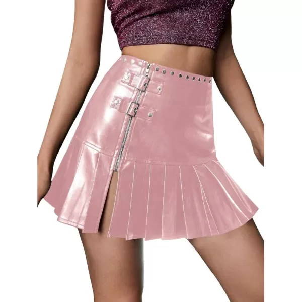 WDIRARA Women's PU Leather Pleated High Waisted Slit Studded Ruffle Y2k Club Mini Skirt