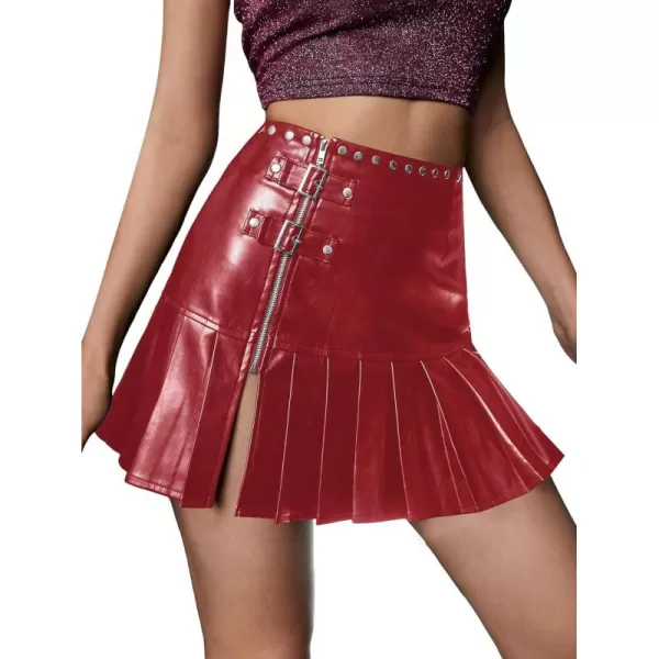 WDIRARA Women's PU Leather Pleated High Waisted Slit Studded Ruffle Y2k Club Mini Skirt