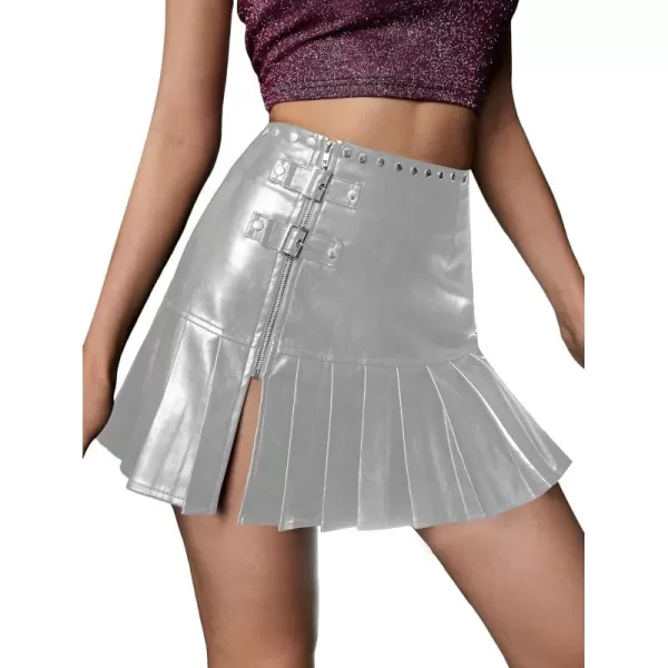WDIRARA Women's PU Leather Pleated High Waisted Slit Studded Ruffle Y2k Club Mini Skirt
