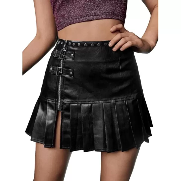 WDIRARA Women's PU Leather Pleated High Waisted Slit Studded Ruffle Y2k Club Mini Skirt