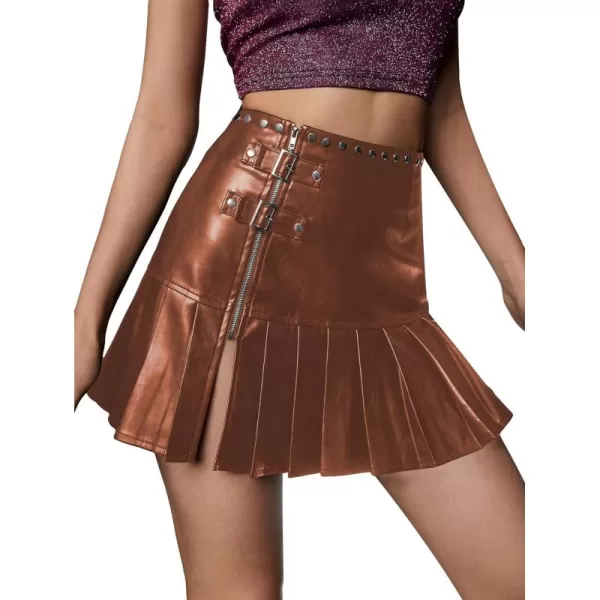 WDIRARA Women's PU Leather Pleated High Waisted Slit Studded Ruffle Y2k Club Mini Skirt