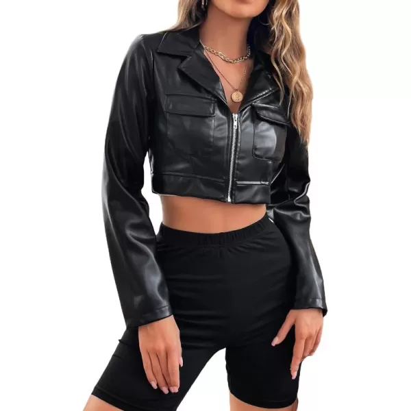 WDIRARA Women's PU Leather Zipper Buckle Belted Long Sleeve Motorcycle Crop Jacket