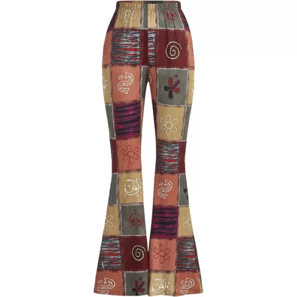 WDIRARA Women's Patchwork Print Flare Leg Pants Elastic High Waist Boho Long Pants