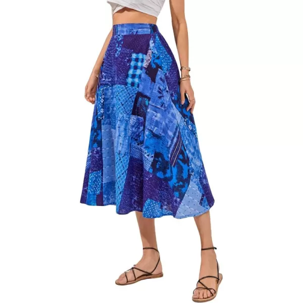 WDIRARA Women's Patchwork Skirt High Waisted A Line Flowy Boho Vintage Midi Skirt