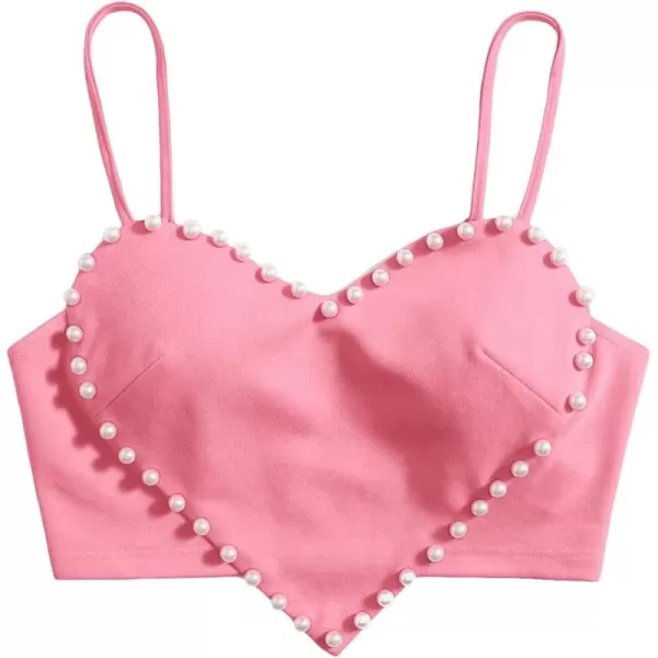 WDIRARA Women's Pearls Sleeveless Asymmetrical Hem Crop Cami Top Sexy Camisole