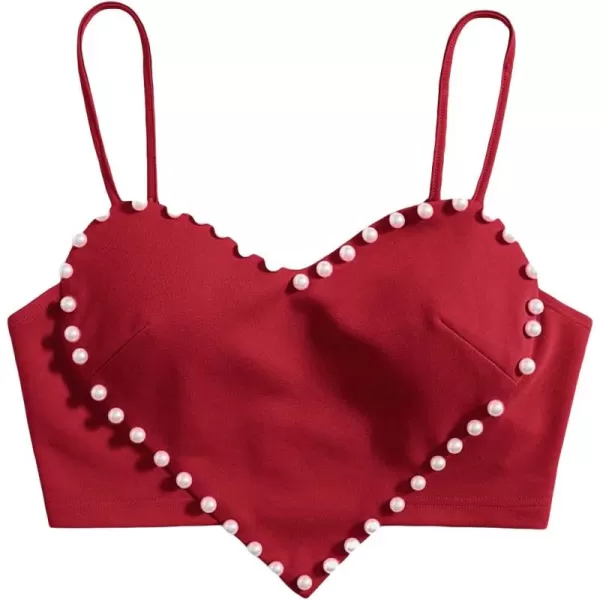 WDIRARA Women's Pearls Sleeveless Asymmetrical Hem Crop Cami Top Sexy Camisole