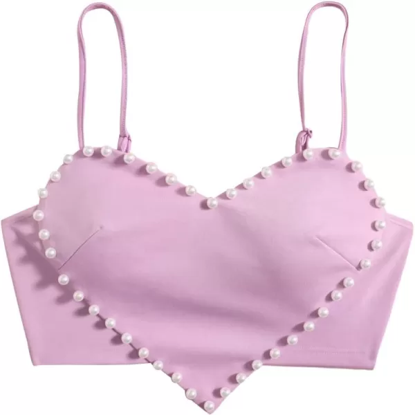 WDIRARA Women's Pearls Sleeveless Asymmetrical Hem Crop Cami Top Sexy Camisole