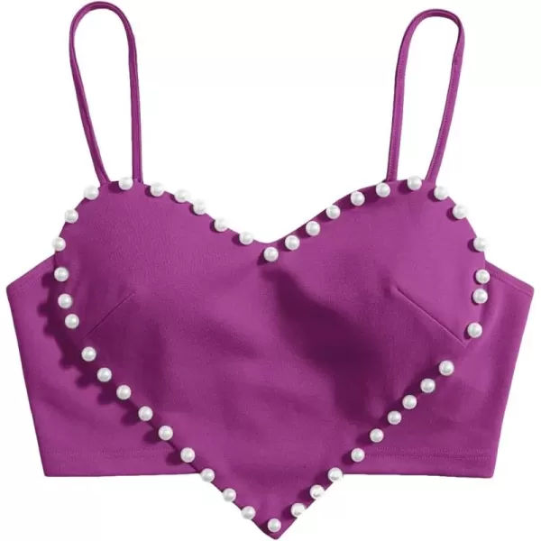 WDIRARA Women's Pearls Sleeveless Asymmetrical Hem Crop Cami Top Sexy Camisole
