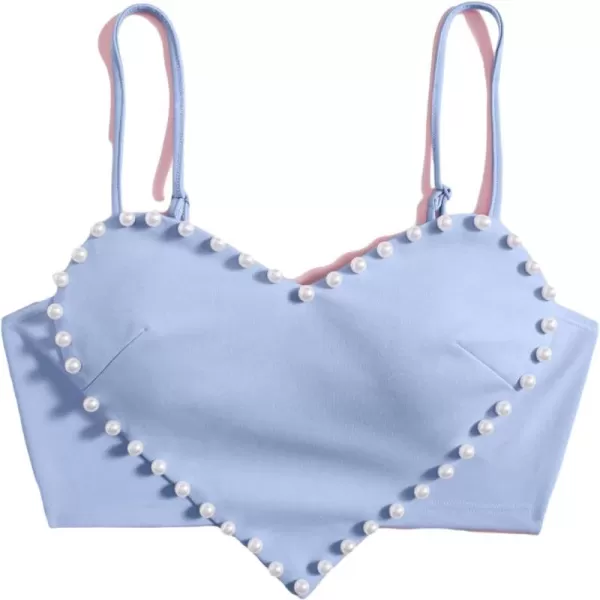 WDIRARA Women's Pearls Sleeveless Asymmetrical Hem Crop Cami Top Sexy Camisole
