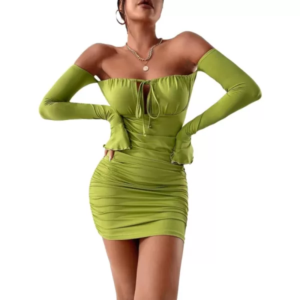 WDIRARA Women's Petite Off Shoulder Long Sleeve Cut Out Tie Front Bodycon Mini Dress