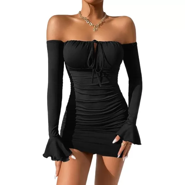 WDIRARA Women's Petite Off Shoulder Long Sleeve Cut Out Tie Front Bodycon Mini Dress