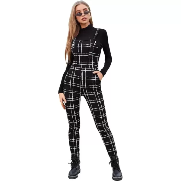 WDIRARA Women's Plaid Overall Straps High Waist Pinafore Casual Jumpsuit with Pocket