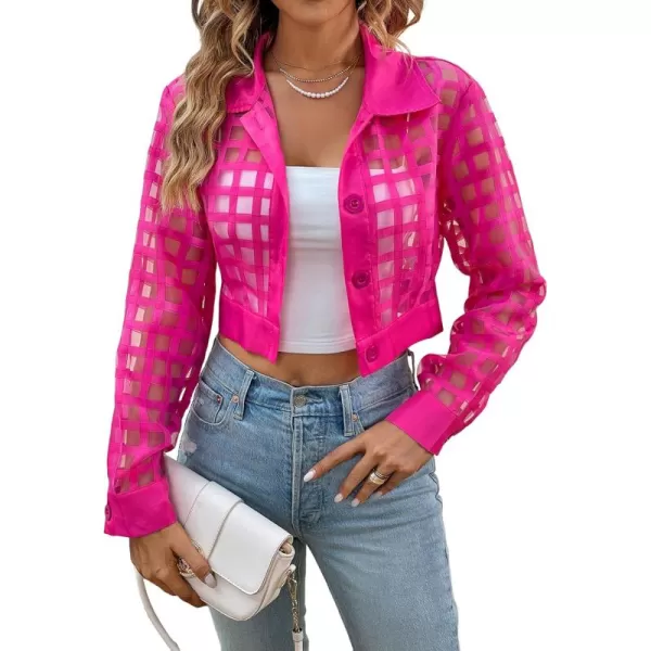 WDIRARA Women's Plaid Sheer Mesh Bomber Long Sleeve Open Front Jacket Button Front Elegant Casual Outwear