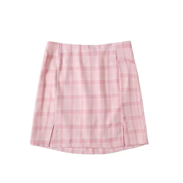 WDIRARA Women's Plaid Skirt High Waist Split Front Zip Up Mini Bodycon Skirt