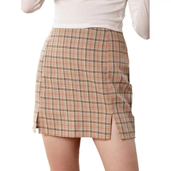 WDIRARA Women's Plaid Skirt High Waist Split Front Zip Up Mini Bodycon Skirt