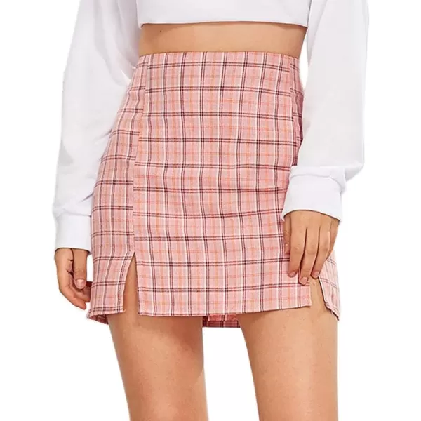 WDIRARA Women's Plaid Skirt High Waist Split Front Zip Up Mini Bodycon Skirt