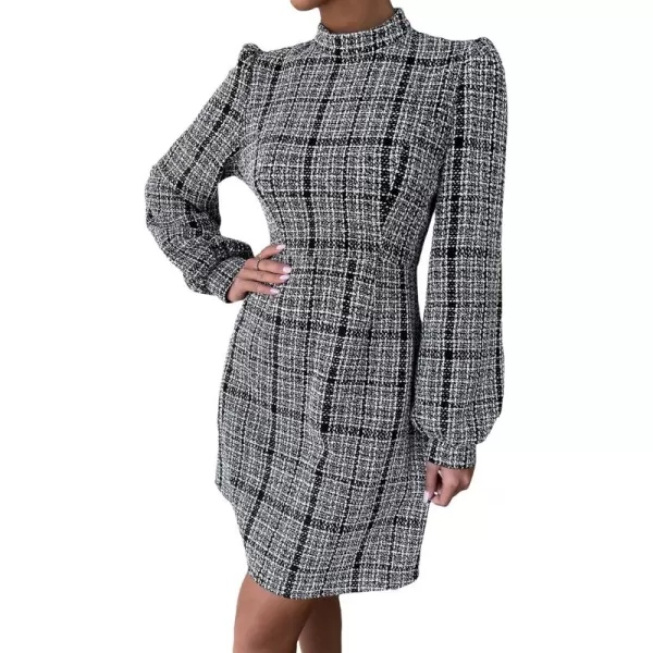WDIRARA Women's Plaid Tweed Mock Neck Lantern Long Sleeve Dress Casual A Line Dresses