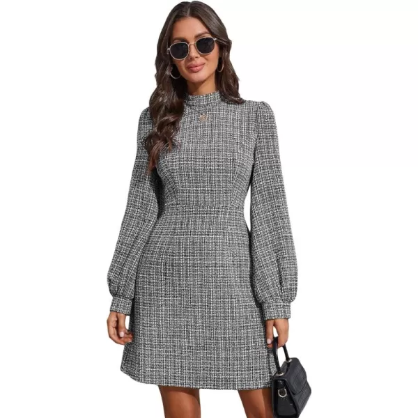 WDIRARA Women's Plaid Tweed Mock Neck Lantern Long Sleeve Dress Casual A Line Dresses