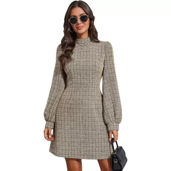 WDIRARA Women's Plaid Tweed Mock Neck Lantern Long Sleeve Dress Casual A Line Dresses
