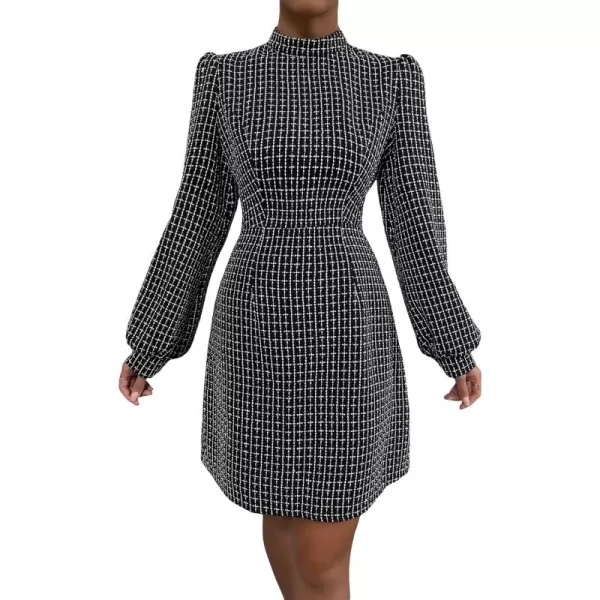 WDIRARA Women's Plaid Tweed Mock Neck Lantern Long Sleeve Dress Casual A Line Dresses