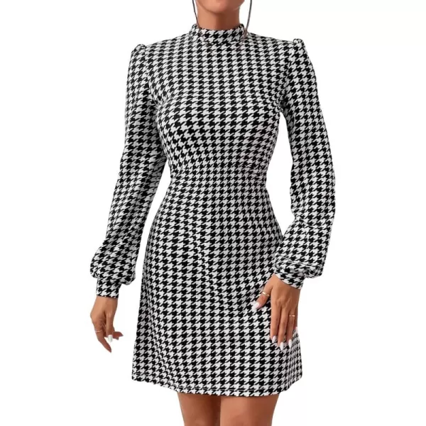 WDIRARA Women's Plaid Tweed Mock Neck Lantern Long Sleeve Dress Casual A Line Dresses