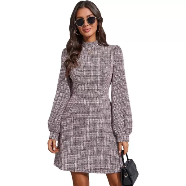 WDIRARA Women's Plaid Tweed Mock Neck Lantern Long Sleeve Dress Casual A Line Dresses