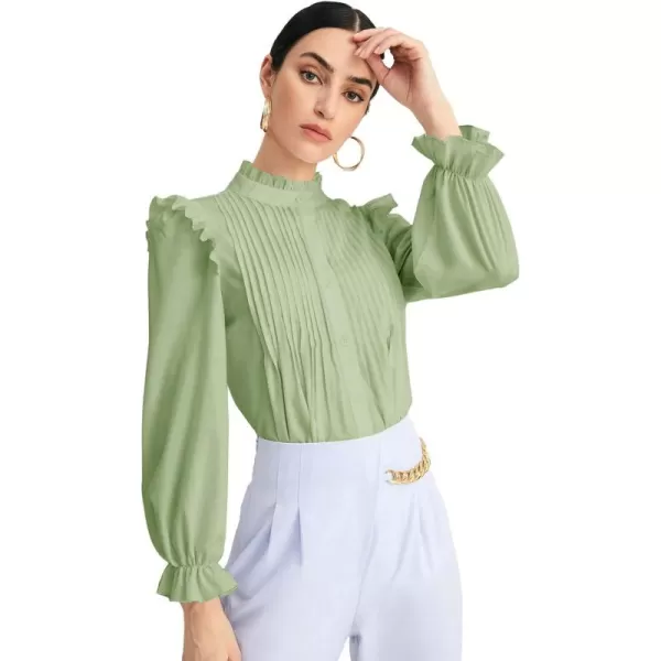 WDIRARA Women's Pleated Ruffle Trim Flounce Long Sleeve Mock Neck Blouse Top