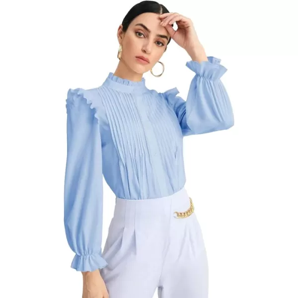 WDIRARA Women's Pleated Ruffle Trim Flounce Long Sleeve Mock Neck Blouse Top