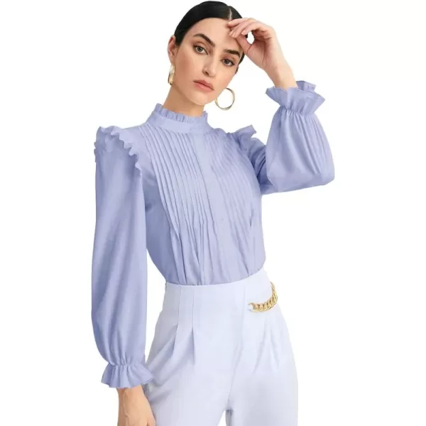 WDIRARA Women's Pleated Ruffle Trim Flounce Long Sleeve Mock Neck Blouse Top