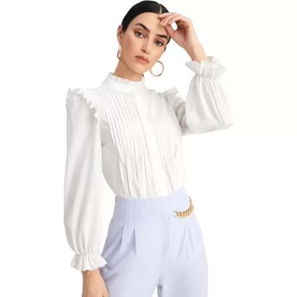 WDIRARA Women's Pleated Ruffle Trim Flounce Long Sleeve Mock Neck Blouse Top
